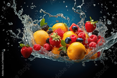 Fresh fruit splashing into clear water, Fresh fruits into clear water splash background, panorama wallpaper with fruits in the water fresh, Ai generated