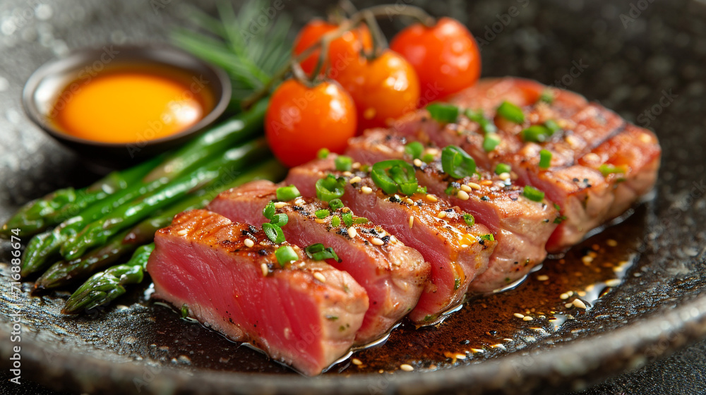 Creative Michelin-starred bluefin tuna with tuna green asparagus, black ceramic tableware, and rustic Japanese style. cinematic. Creative Michelin-starred bluefin tuna with tuna green asparagus, black ceramic tableware, and rustic Japanese style. cinematic.
