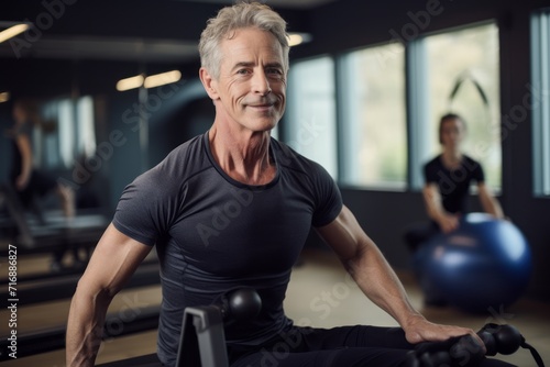 Portrait of an energetic mature man practicing pilates in a studio. With generative AI technology