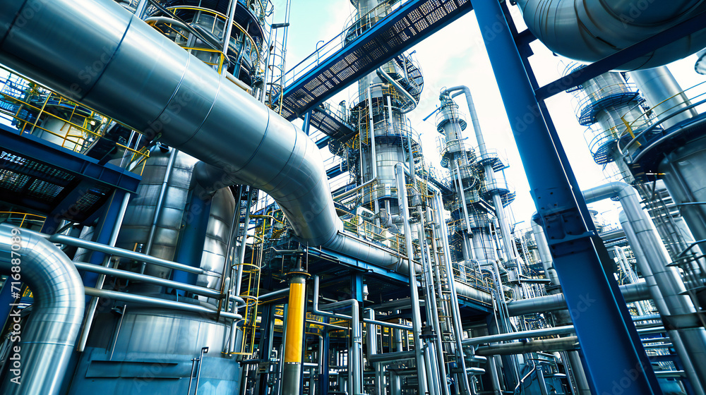 Industrial Complexity: Steel Pipeline System in a Factory, Reflecting Modern Engineering and Energy Industrial Complexity: Steel Pipeline System in a Factory, Reflecting Modern Engineering and Energy