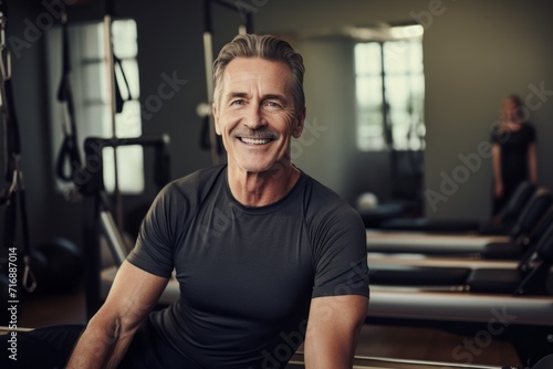 Portrait of a relaxed mature man practicing pilates in a studio. With generative AI technology