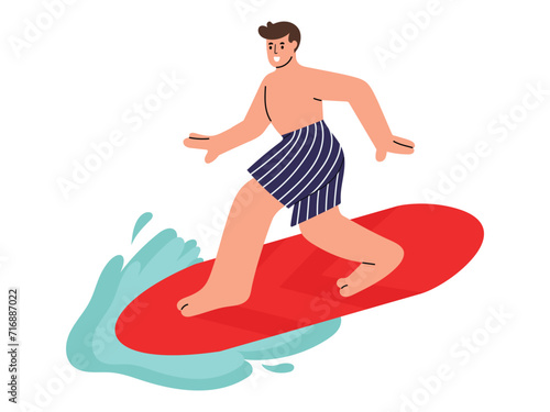 Smiling male is surfing in the ocean on a surfboard, wearing a cute swimwear shorts. Hand drawn vector illustration in flat design isolated on white