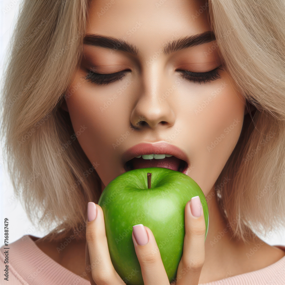 woman eating an green apple isolated on solid white background. ai generative woman eating an green apple isolated on solid white background. ai generative