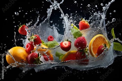 Fresh fruit splashing into clear water, Fresh fruits into clear water splash background, splash water with freshnes fruits, Ai generated