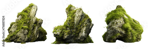 Set Of Cut out mossy nature rock shape on A Transparent Background 