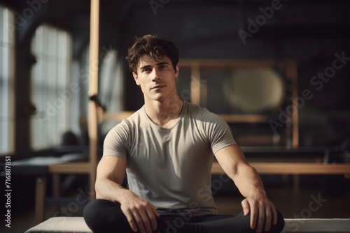 Portrait of a satisfied boy in his 20s practicing pilates in a studio. With generative AI technology