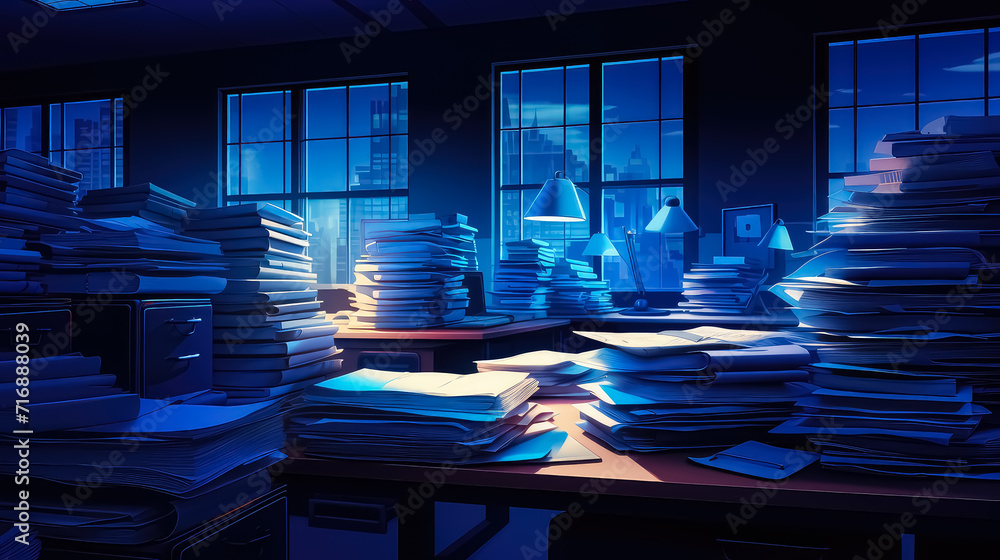 Desk in Office is Littered with Folders and Files with Work. Night Time, Dim Lights, No People. Workplace with a Bunch of Documents and Laptop. Overworked and Overtime, Workload concept. - obrazy, fototapety, plakaty 