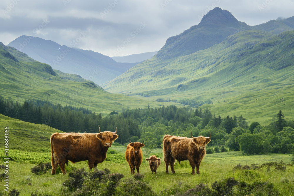 Highland Cow Family in Scotland's Hinterland
