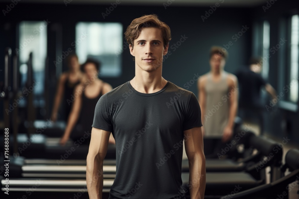 Portrait of a concentrated boy in his 20s practicing pilates in a studio. With generative AI technology Portrait of a concentrated boy in his 20s practicing pilates in a studio. With generative AI technology