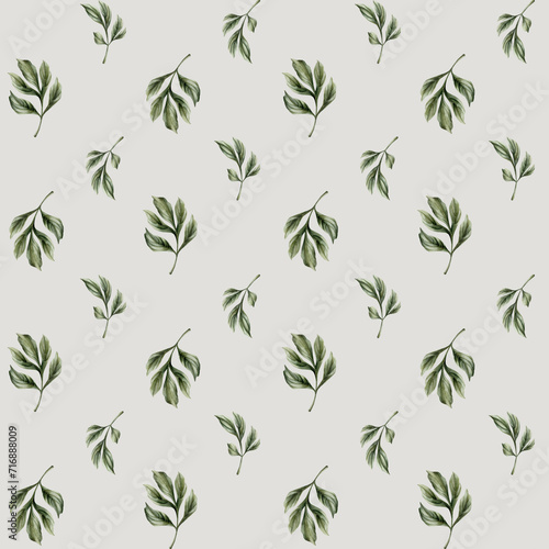 Floral watercolor seamless pattern with green peony leaves on light blue background. For design, fabric, wrapping