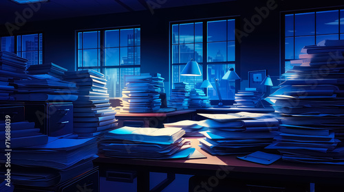 Desk in Office is Littered with Folders and Files with Work. Night Time, Dim Lights, No People. Workplace with a Bunch of Documents and Laptop. Overworked and Overtime, Workload concept.