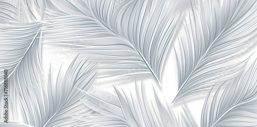a seamless image with palm leaves on a white background, in the style of carved surfaces, light gray and gray, textured, layered surfaces, luminous colors, mural painting, linear outlines