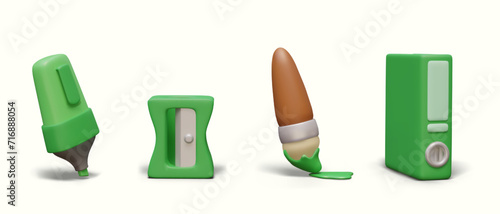 Green marker, pencil shaving, brush with wooden handle and green paint, and big folder with files