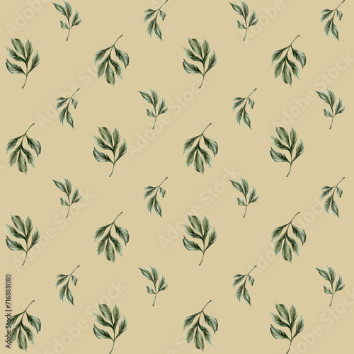 Floral watercolor seamless pattern with green peony leaves on light beige background. For design, fabric, wrapping