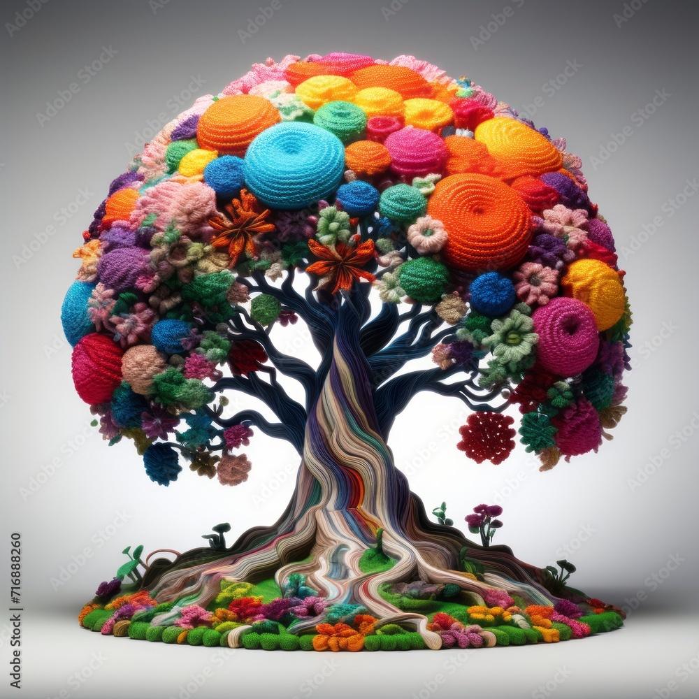 Árvore estilizada, colorida, artesanal, feita com crochê.
gerado com IA (Playground AI)