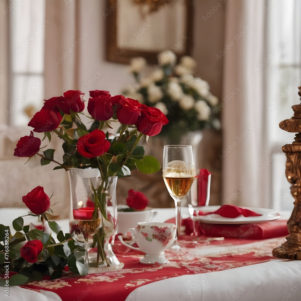 Red and white roses on white sheets with copy space. Closeup of beautiful flowers. Festive backdrop with space for text. Birthday, Valentines day, international females day concept 