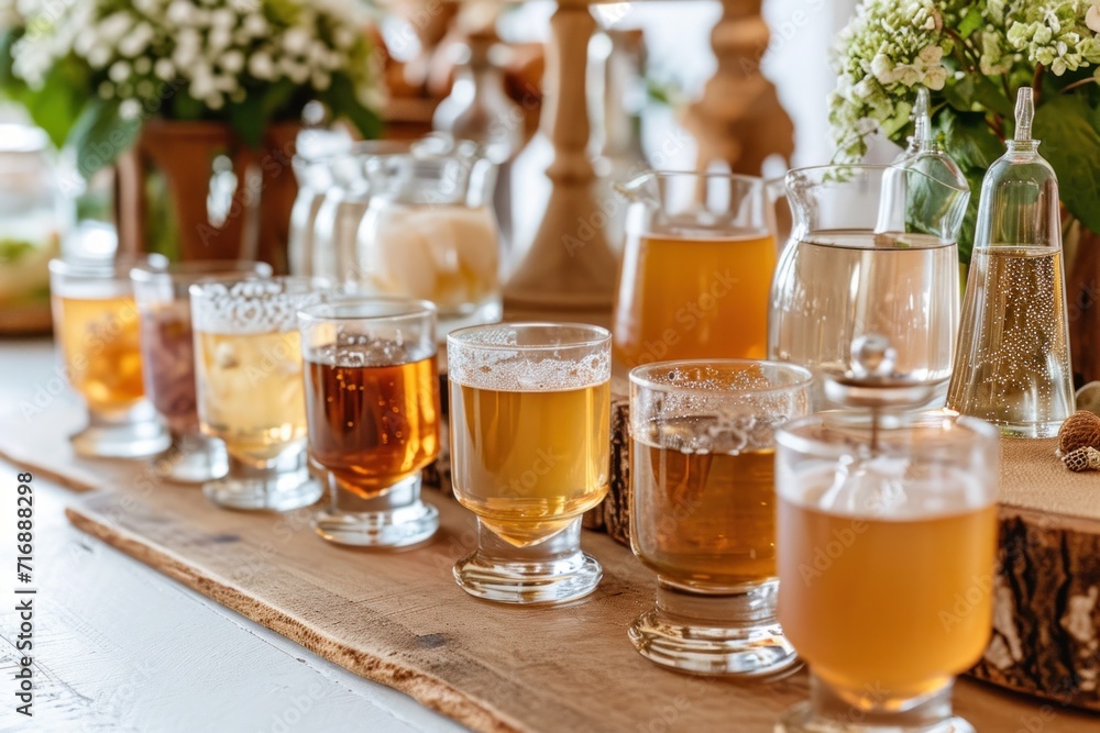 Kombucha tasting setup, small glasses with different brews, elegant presentation, candid light Kombucha tasting setup, small glasses with different brews, elegant presentation, candid light