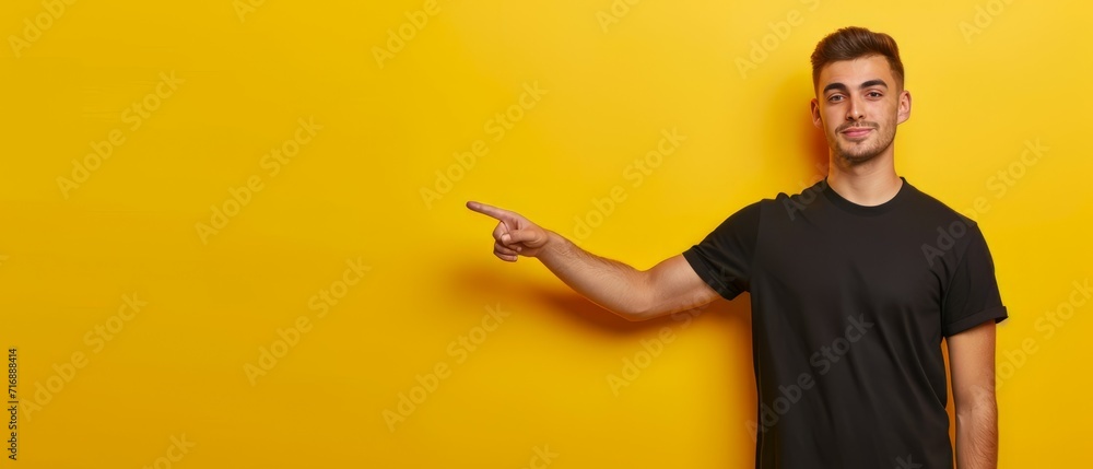 Naklejka premium Studio photo of young man standing on left isolated on yellow background pointing at blank space for your advertisement in black t shirt seeing something unusual or unexpected. Generative ai