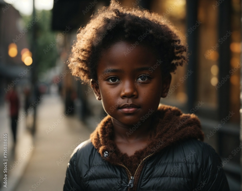 close up kid dark skin on the street. AI Generated. close up kid dark skin on the street. AI Generated.