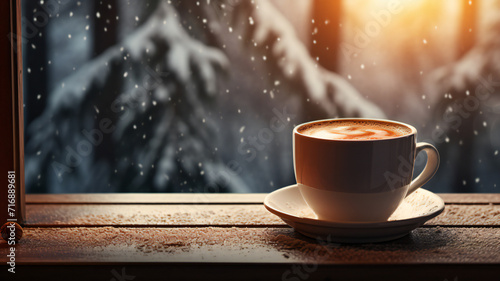 cup of hot black coffee, cappuccino on table near window with scenic blurred winter background photo