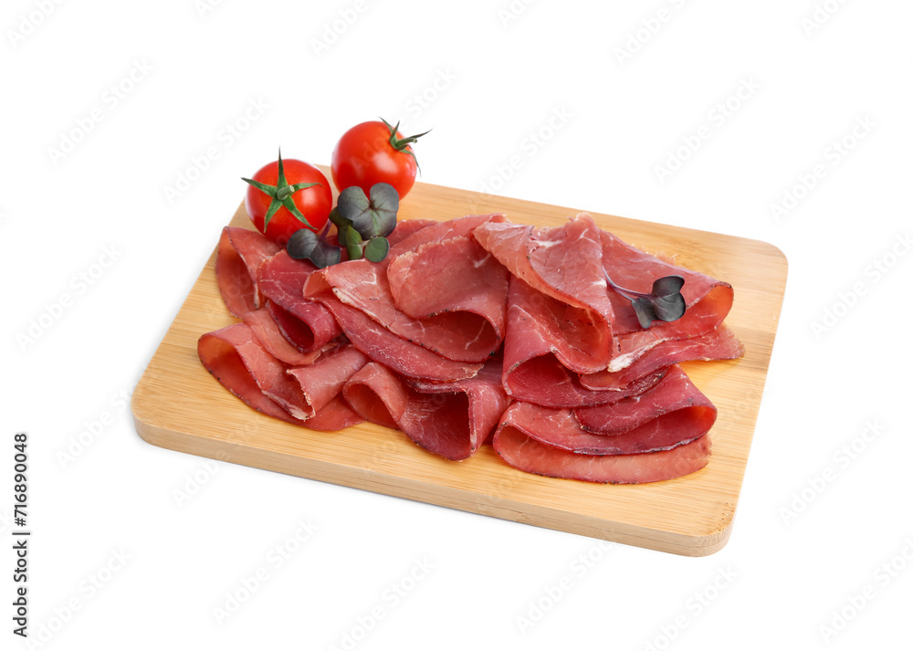 Slices of tasty bresaola and tomatoes isolated on white Slices of tasty bresaola and tomatoes isolated on white