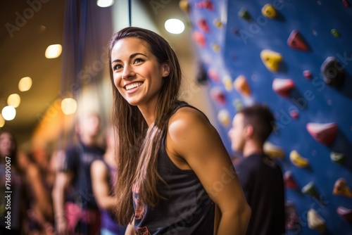 Portrait of a focused girl in her 30s climbing in a climbing wall. With generative AI technology