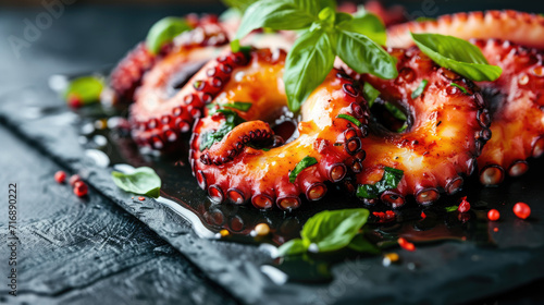 Delicious gourmet grilled octopus on a black table.