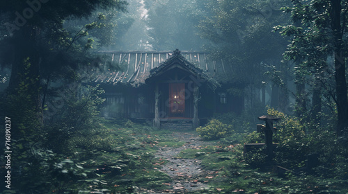 house in the forest   mist photograph