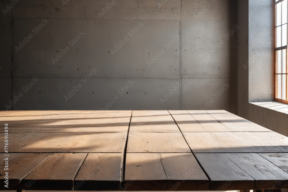 Empty copy space on a wooden tabletop against the cement loft wall with shadow and daylight indoors