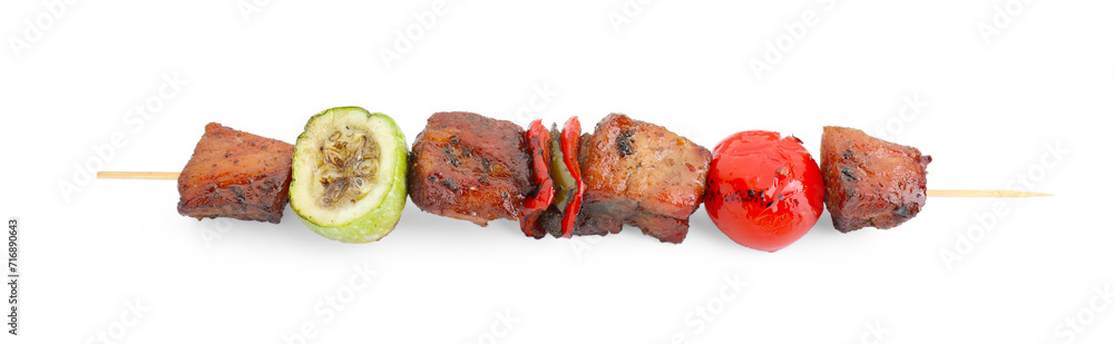 Delicious shish kebab with vegetables isolated on white, above view