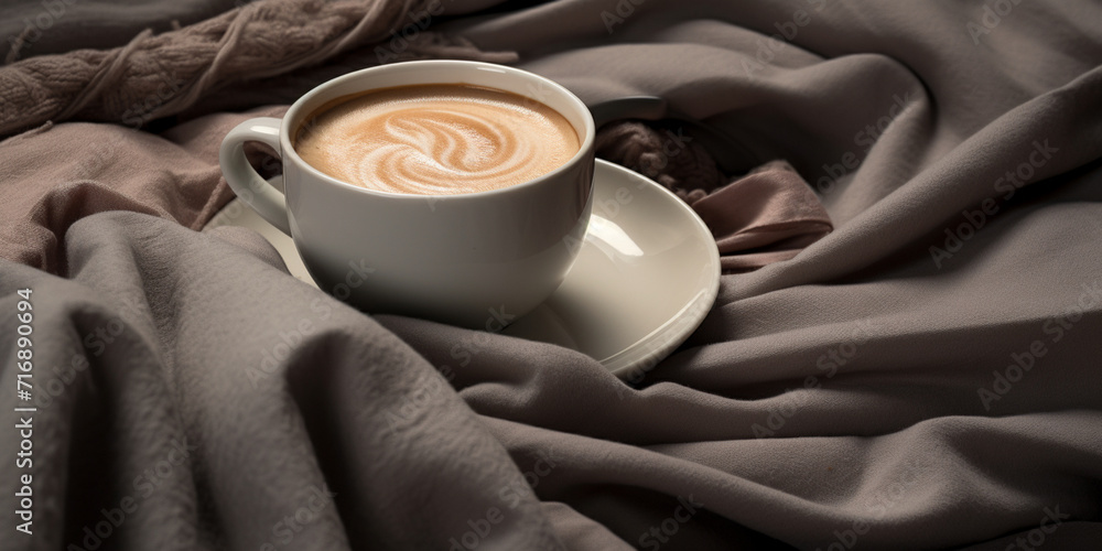Cozy winter background with cup od coffee , A Coffee Cup And A Slice Of Cake With A Coffee Mug Background - obrazy, fototapety, plakaty 