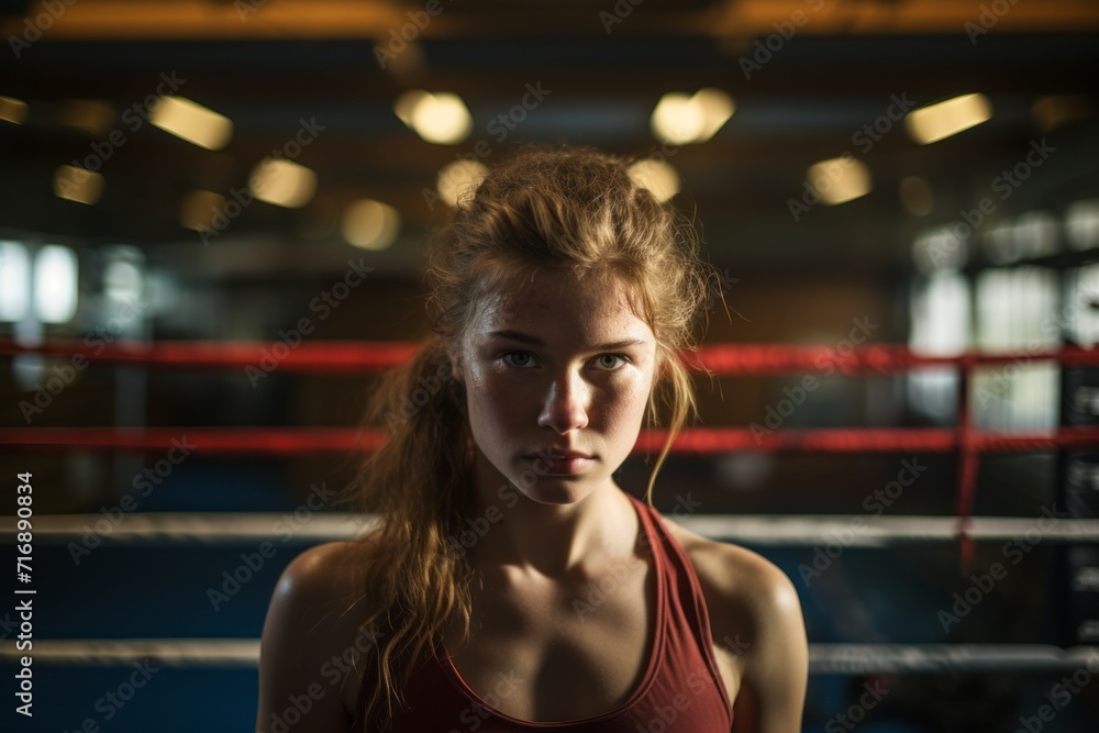 Portrait of an active girl in her 30s practicing boxing in a ring. With generative AI technology Portrait of an active girl in her 30s practicing boxing in a ring. With generative AI technology