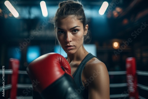 Portrait of a concentrated girl in her 30s practicing boxing in a ring. With generative AI technology