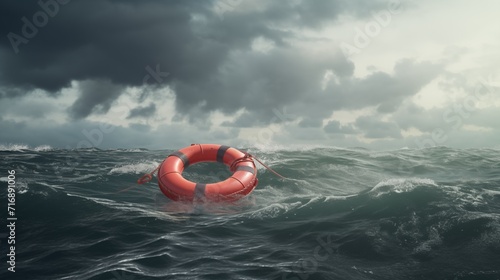 Lifebuoy floating on sea in storm weather