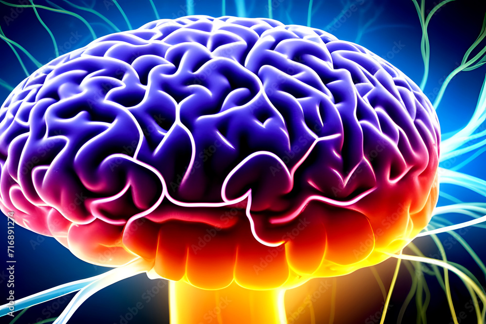 Illustration of a realistic close-up of the human brain showing firing neurons and nerve extensions, cells in a vein, concept of National Doctors Day Illustration of a realistic close-up of the human brain showing firing neurons and nerve extensions, cells in a vein, concept of National Doctors Day