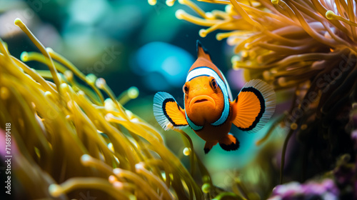 Close-up: In clear water, an orange clownfish swims between yellow sea anemones on a coral reef in the ocean. Blurred blue background in the background