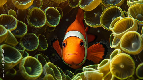Close-up: an orange clownfish swims near a yellow sea anemone in a coral reef. The photo shows the colors and symbiosis of the underwater life.