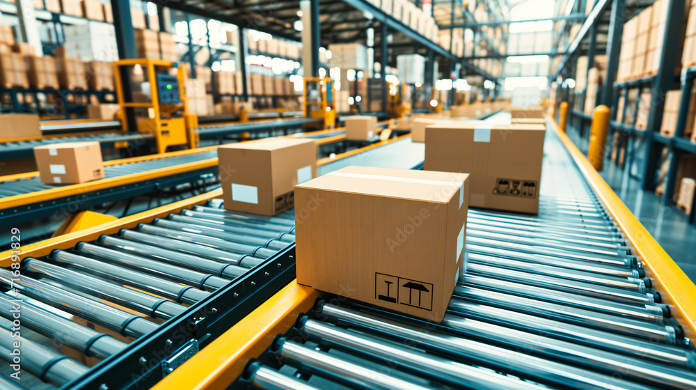 Delivery and Logistics: Warehouse with Cardboard Boxes on a Conveyor Belt, Symbolizing Efficient Distribution