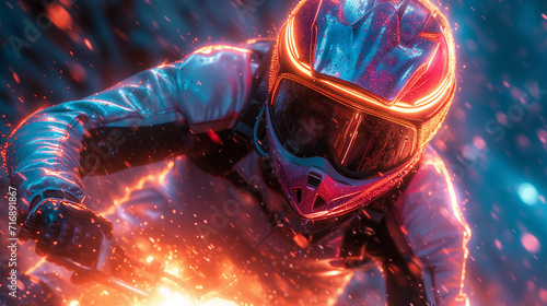 close up of a rider driving a motorcycle under the rain, riding in high speed, wearing a helmet, illuminated with neon lights.  © Favio