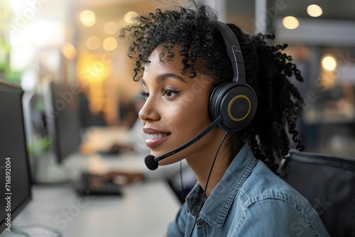 A woman from a call center with curly hair and brown eyes takes a call from a client and uses a headset to help resolve his issue in the office. photo
