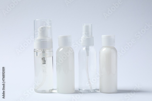 Cosmetic travel kit on white background. Bath accessories