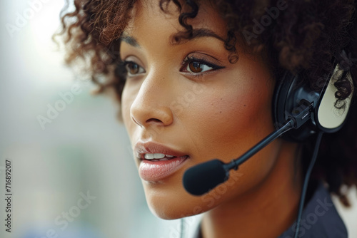 Beautiful call center woman with curly hair and brown eyes talking to a client over a headset in the office.