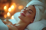 Luxury Spa Facial, Relaxing Beauty Treatment, Candlelit Spa Serenity, Woman Enjoying Facial, portrait of a woman in spa salon