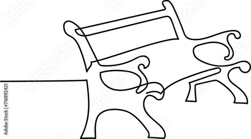 Wooden bench for garden and park. A place to relax in nature. Continuous line drawing. Vector illustration.