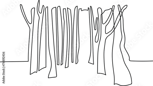 Trees without foliage near a path in a garden or park. A place to relax in nature. Continuous line drawing. Vector illustration.