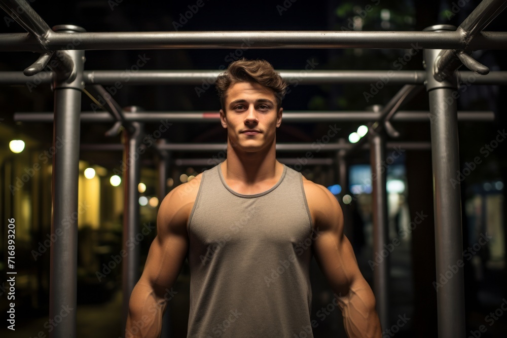 Portrait of an inspired boy in his 20s doing calisthenics exercises on outdoor bars. With generative AI technology Portrait of an inspired boy in his 20s doing calisthenics exercises on outdoor bars. With generative AI technology