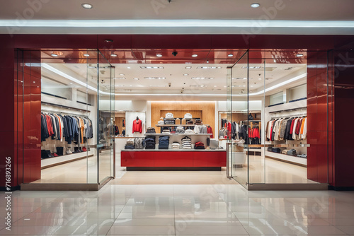 Contemporary Fashion Boutique Interior, Glass Facade, Casual and Formal Apparel Display in Mall photo