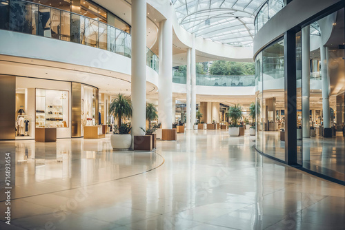 Modern shopping mall interior with luxury fashion boutiques