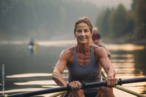 Portrait of a focused mature woman rowing in a lake. With generative AI technology © Markus Schröder