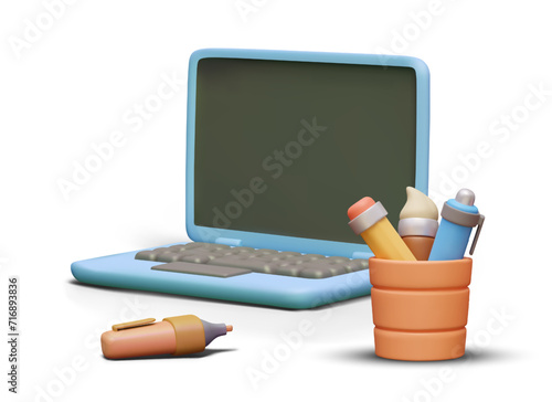 Realistic laptop with blank black screen, pencil cup, marker. Dream office, coworking